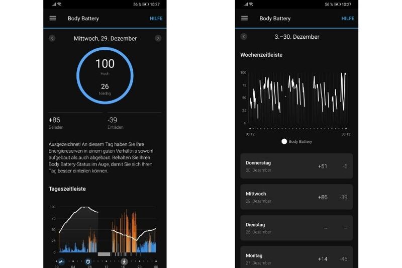 Man sieht die Body Battery in der App.